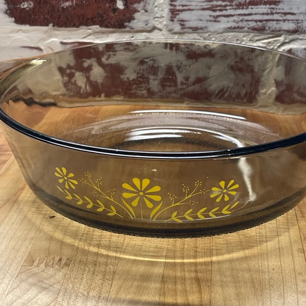Vintage MCM Glasbake Jeanette Casserole Dishes Set 3 Yellow Floral Retro Brown‎